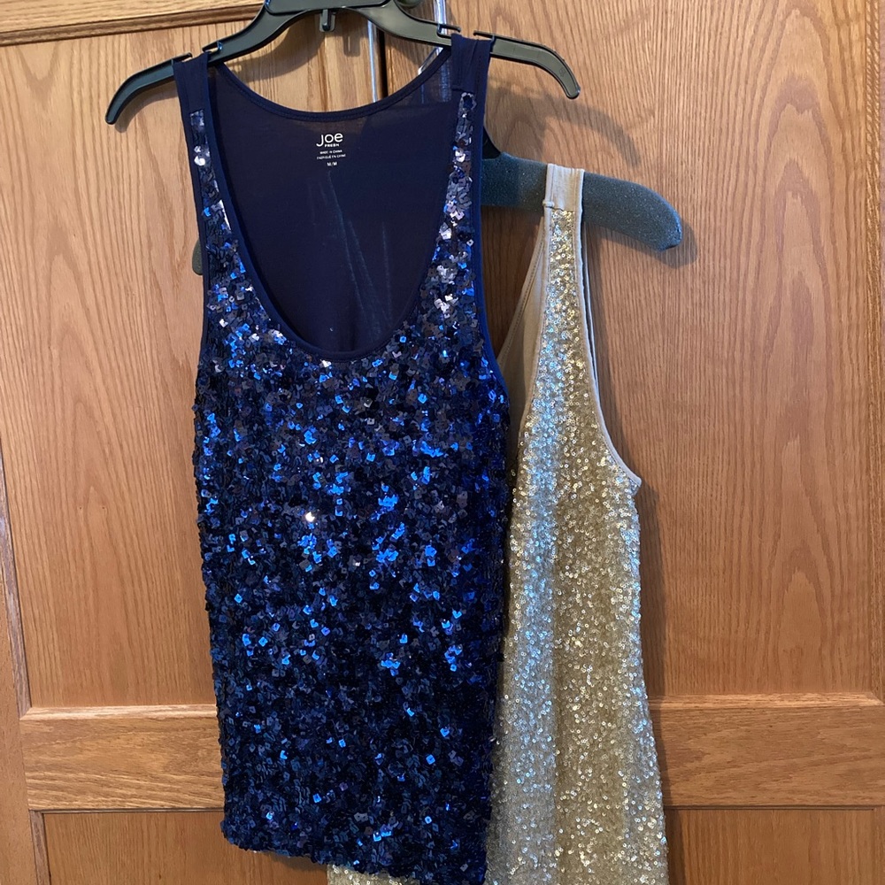 Set of 2. Sequinned tank tops. Rich Navy Blue & a soft Gold. Cotton jersey back